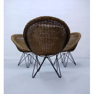 Vintage Basket wicker chair with hairpin metal legs 1950