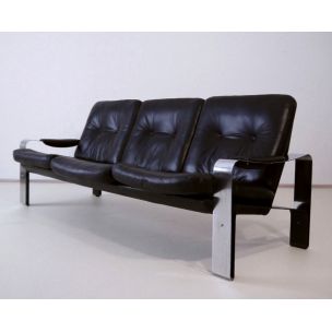 Vintage sofa in black leather with a brushed steel frame 1970s