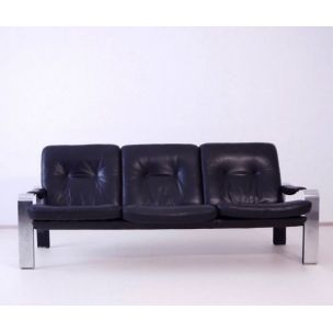 Vintage sofa in black leather with a brushed steel frame 1970s