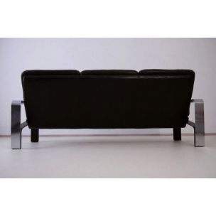 Canapé vintage en cuir noir avec structure en acier brossé 1970