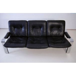 Vintage sofa in black leather with a brushed steel frame 1970s