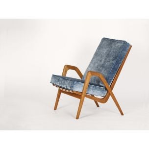 Vintage oak and blue velvet armchair, Czechoslovakia 1950