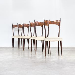Set of 6 vintage italian chairs in wood brass and white leatherette 1960