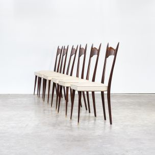 Suite de 6 chaises vintage italiennes en laiton bois et cuir blanc 1960