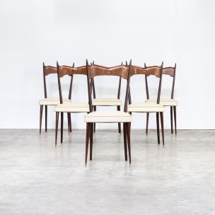 Set of 6 vintage italian chairs in wood brass and white leatherette 1960