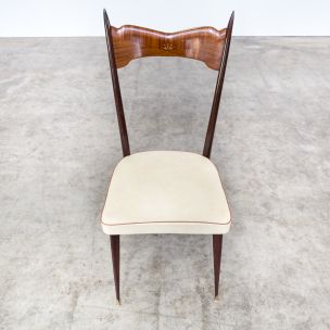 Set of 6 vintage italian chairs in wood brass and white leatherette 1960