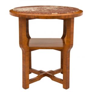 Vintage french side table in walnut and with marble top 1930