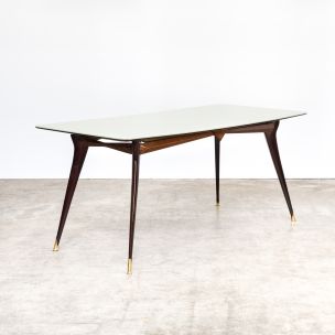 Vintage italian table in rosewood brass glass 1960