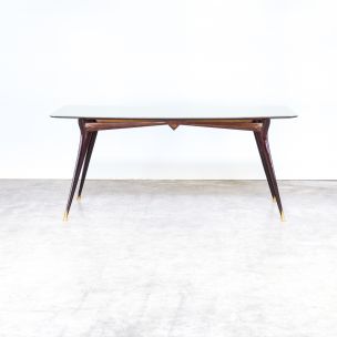 Vintage italian table in rosewood brass glass 1960