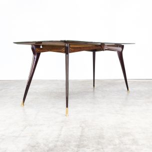 Vintage italian table in rosewood brass glass 1960