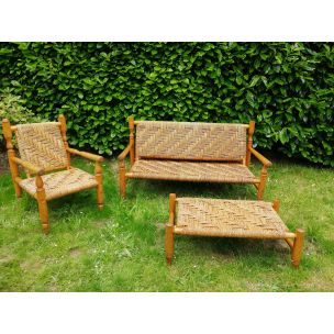 Vintage living room set by Audoux Minet in wood and rope 1950