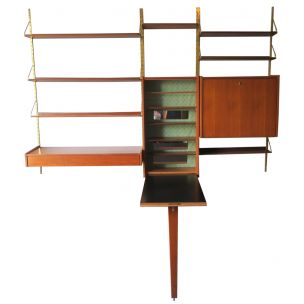 Vintage modular wall shelf system in brass and teakwood 1960