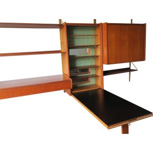 Vintage modular wall shelf system in brass and teakwood 1960