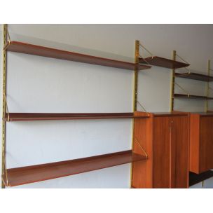 Vintage modular wall shelf system in brass and teakwood 1960