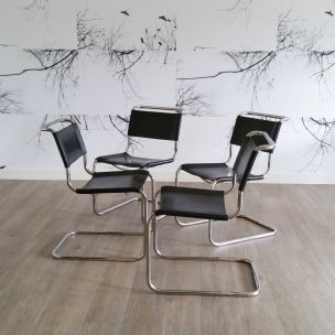 Set of 4 vintage S33 Cantilever Chairs for Thonet in black leather 1980s