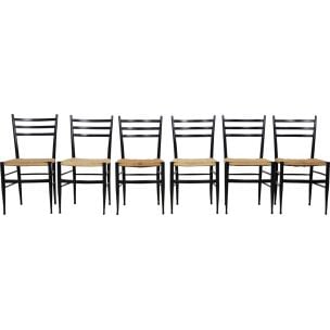 Suite de 6 chaises vintage Spinetto de Chiavari en bois et corde 1950