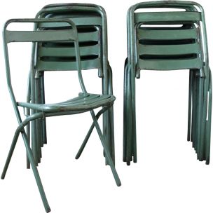 Set of 12 vintage french chairs in green metal 1950