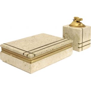 Vintage travertine and brass smoking set by Uliveri for Cerri Nestore 1960s