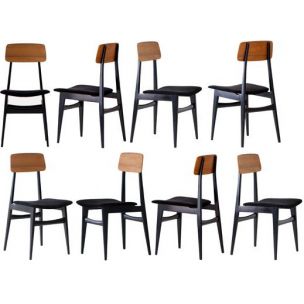 Set of 8 vintage italian chairs in black leather and teak 1950s