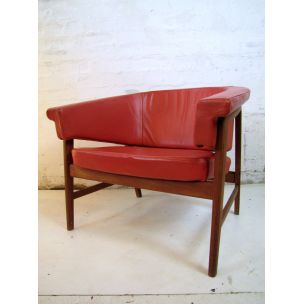 Vintage danish armchair in red leather and wood 1960