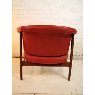 Fauteuil vintage danois en cuir rouge et bois 1960