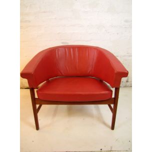 Fauteuil vintage danois en cuir rouge et bois 1960