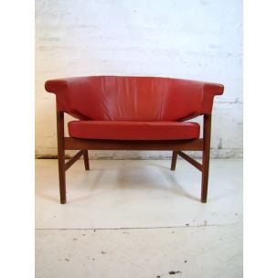 Vintage danish armchair in red leather and wood 1960