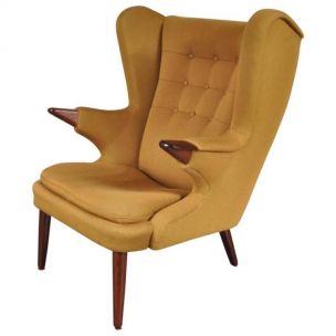 Gele vintage fauteuil 91 Papa Bear voor Skipper Mobler in rozenhout 1960