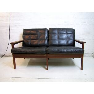 Vintage sofa for Wikkelsö in black leather and teakwood 1960