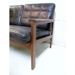 Vintage sofa for Wikkelsö in black leather and teakwood 1960