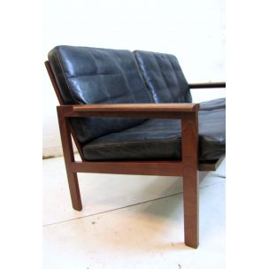 Canapé vintage pour Wikkelsö en cuir noir et teck 1960