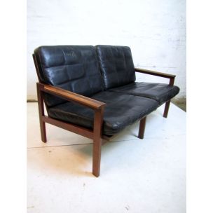 Canapé vintage pour Wikkelsö en cuir noir et teck 1960