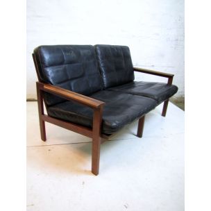 Vintage sofa for Wikkelsö in black leather and teakwood 1960