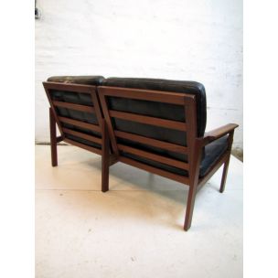 Vintage sofa for Wikkelsö in black leather and teakwood 1960