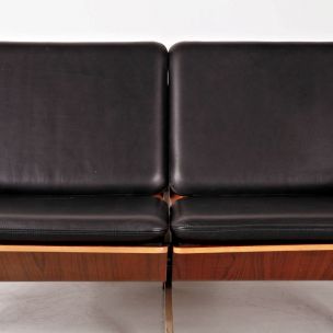 Canapé vintage FM50 pour Pastoe en cuir noir et contreplaqué 1960