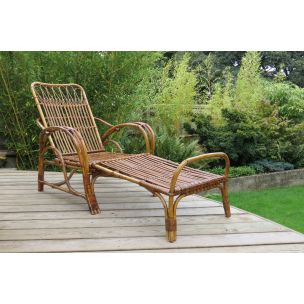 Vintage reclining chair and footstool cane and rattan 1930