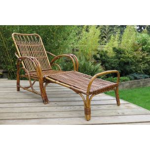 Vintage reclining chair and footstool cane and rattan 1930