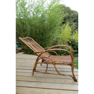 Vintage reclining chair and footstool cane and rattan 1930