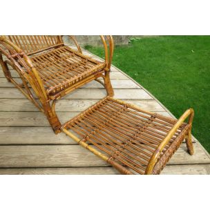 Vintage reclining chair and footstool cane and rattan 1930