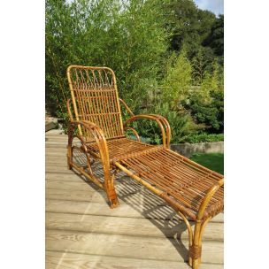 Vintage reclining chair and footstool cane and rattan 1930