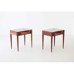 Pair of vintage italian bedside tables for Strada in wood and glass 1950s
