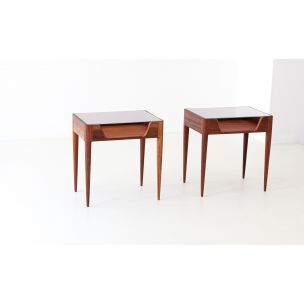 Pair of vintage italian bedside tables for Strada in wood and glass 1950s