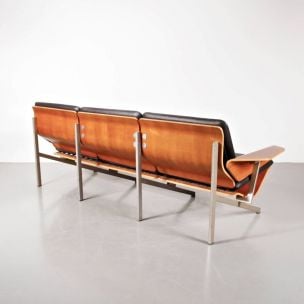 Vintage FM50 sofa for Pastoe in black leather and plywood 1960