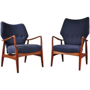 Paire de fauteuils vintage pour Bovenkamp en tissu bleu et chêne 1950