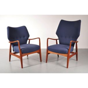 Pair of vintage armchairs for Bovenkamp in blue fabric and oakwood 1950