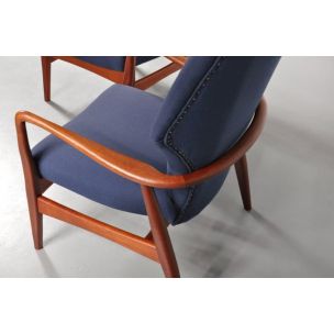 Pair of vintage armchairs for Bovenkamp in blue fabric and oakwood 1950