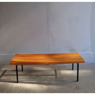 Vintage bench in cherrywood and black lacquered metal base