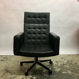 Vintage armchair Vincent Cafiero in black leather for Knoll 1970