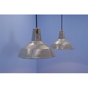 Set of 2 vintage industrial enamel hanging lamps in grey 1960s