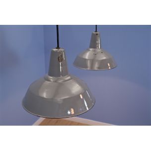 Set of 2 vintage industrial enamel hanging lamps in grey 1960s